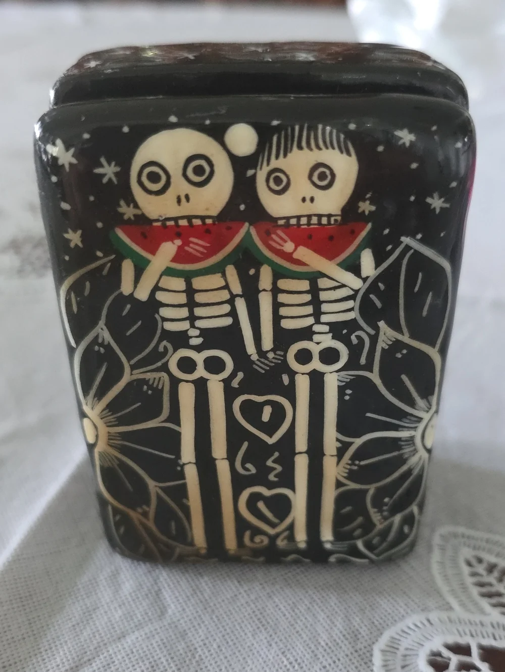 Hand-Painted Skeleton Couple Trinket Box - Black with Cream & Red Accents